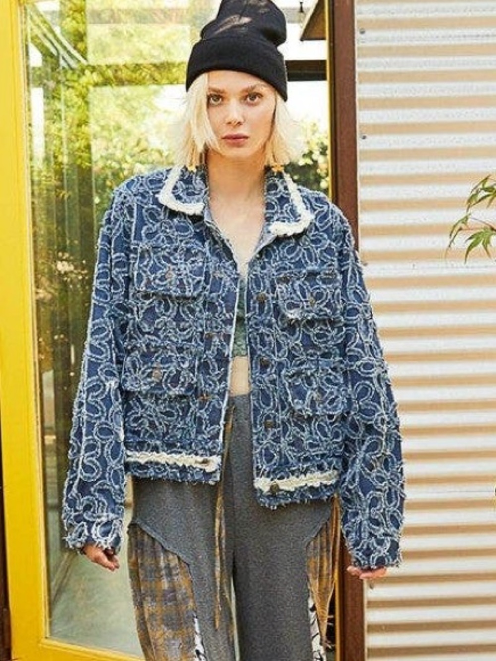 POL Blue Distressed Floral Jean Jacket with Cream Trim Medium Oversized